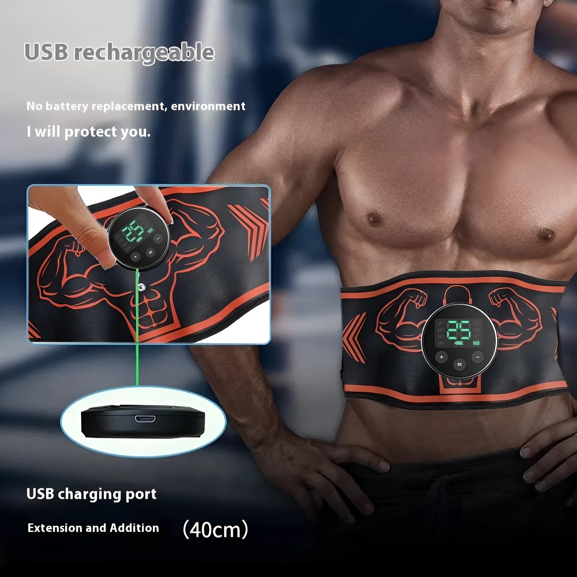 Smart EMS massage belt fitness equipment with rechargeable battery in orange and blue colour options