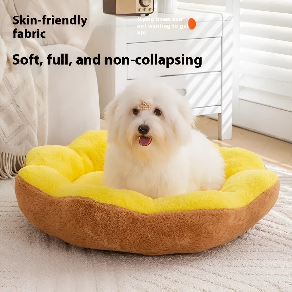 Brown grey rabbit plush round cat bed with a removable washable cover, shown in L size.