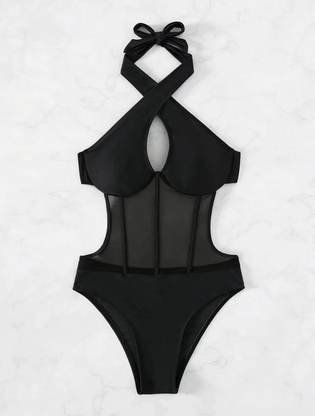 Women's black one-piece spun yarn swimsuit bikini on a mannequin, showing front design.