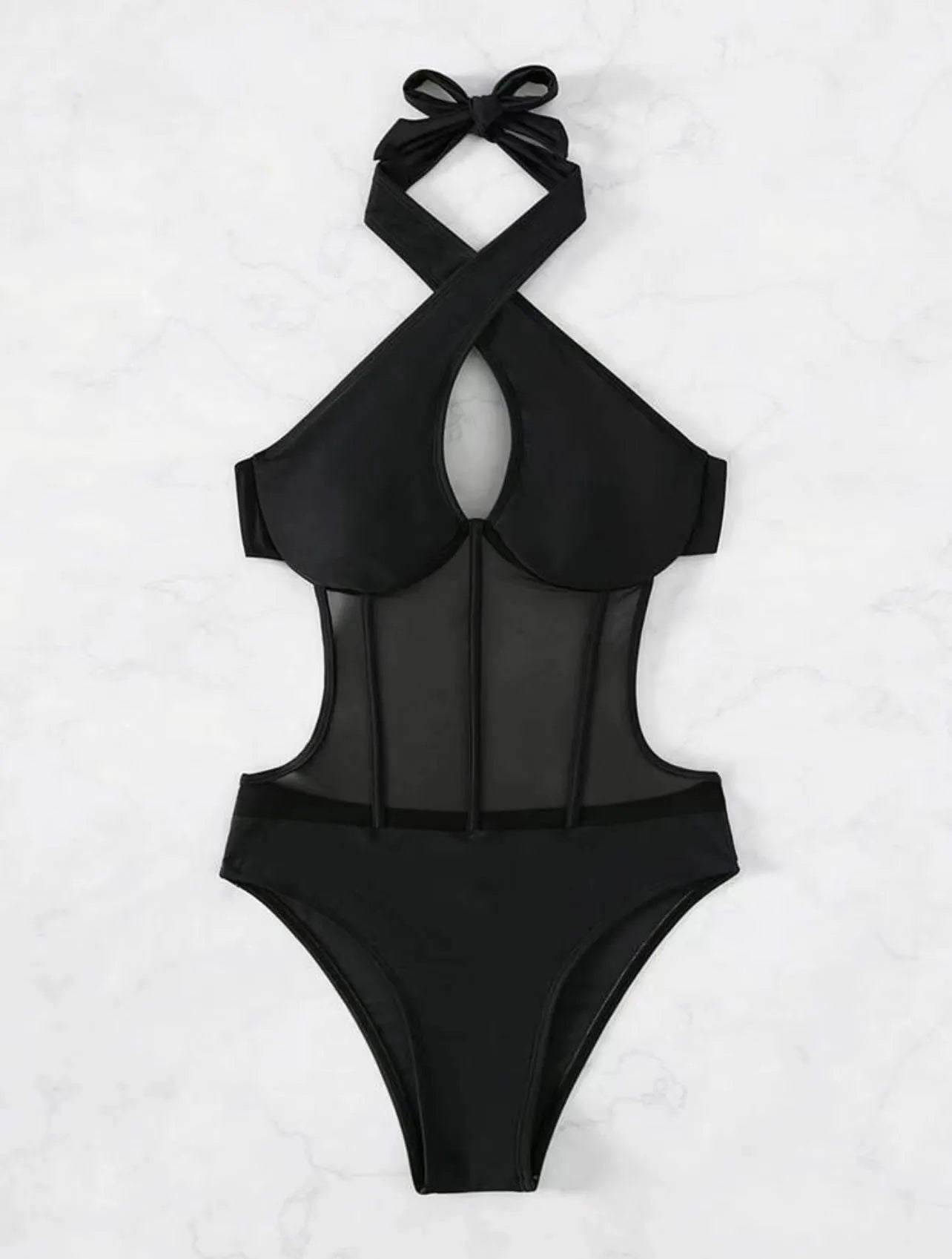 Women's black one-piece spun yarn swimsuit bikini on a mannequin, showing front design.