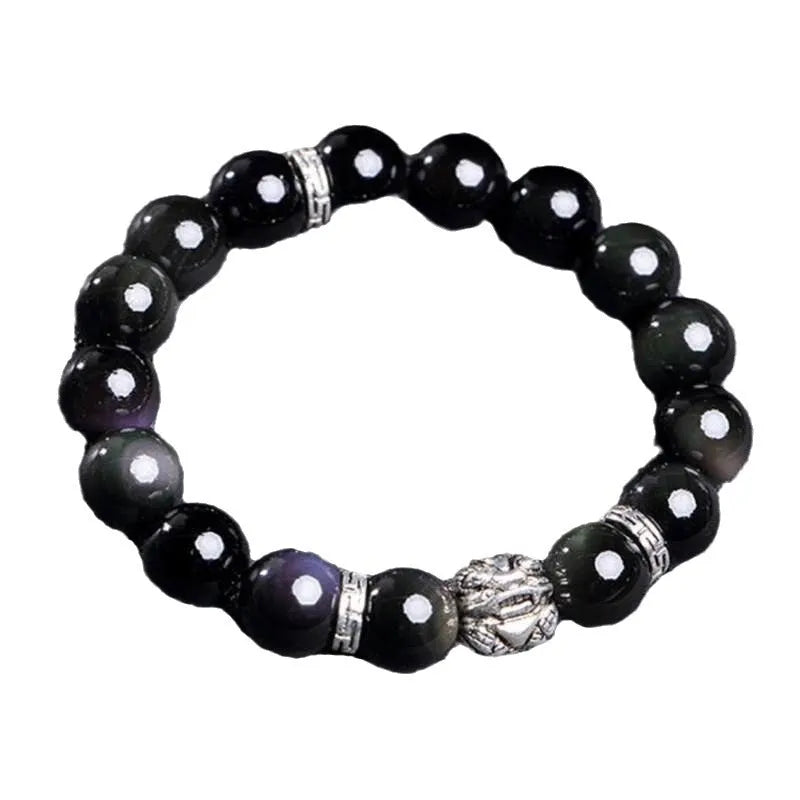 Silver 999 natural obsidian bracelet with Seiko treatment, 10mm and 12mm beads, unisex simple style