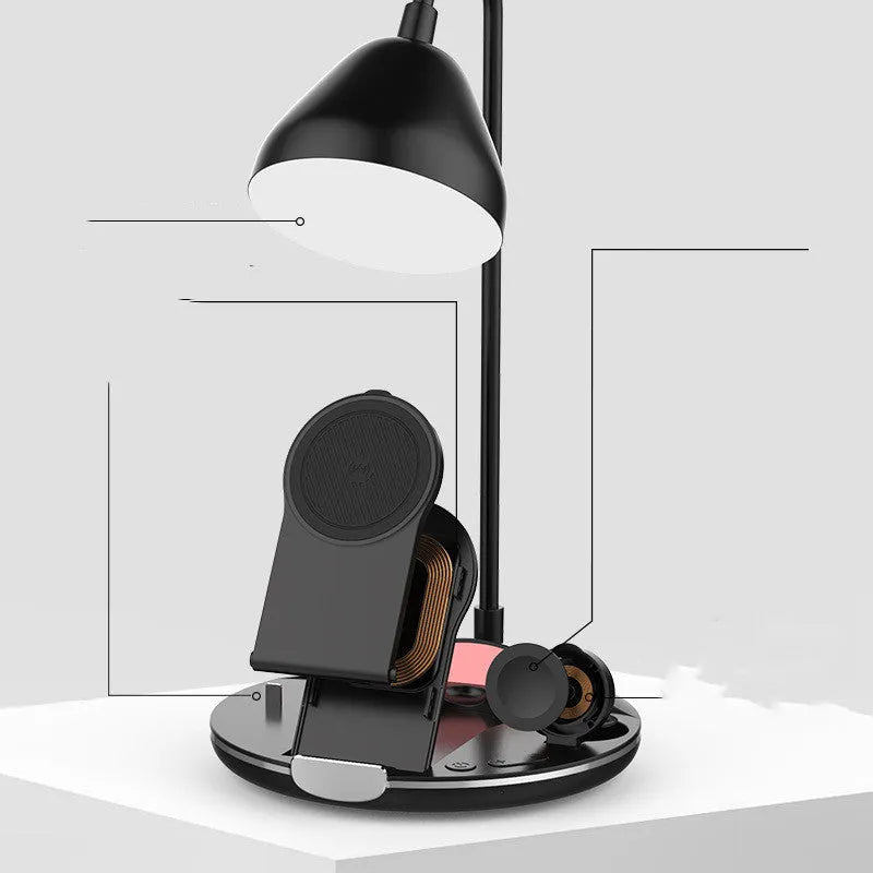Black magnetic folding wireless charger showing both flat and upright positions with smartphone attached