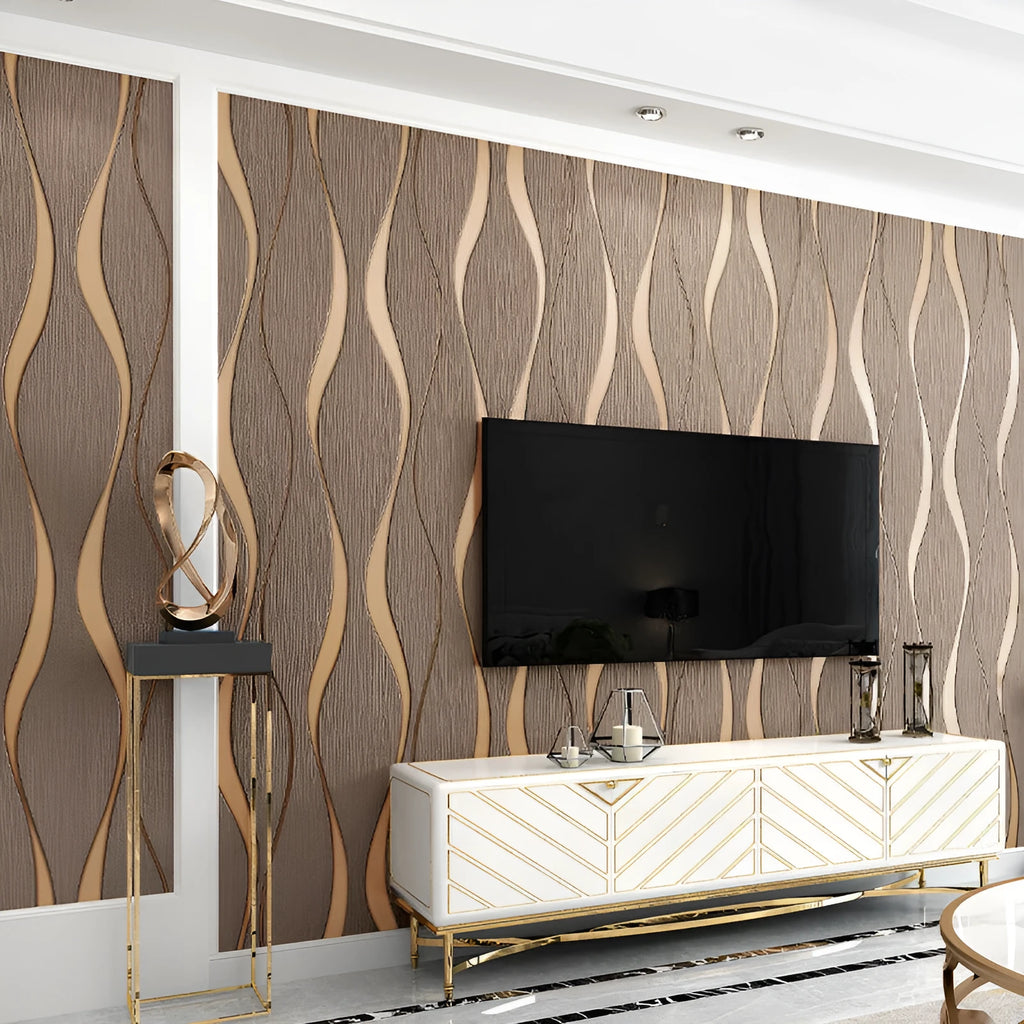 Curve stripe patterned 3D wallpaper with velvet texture for video wall backgrounds.