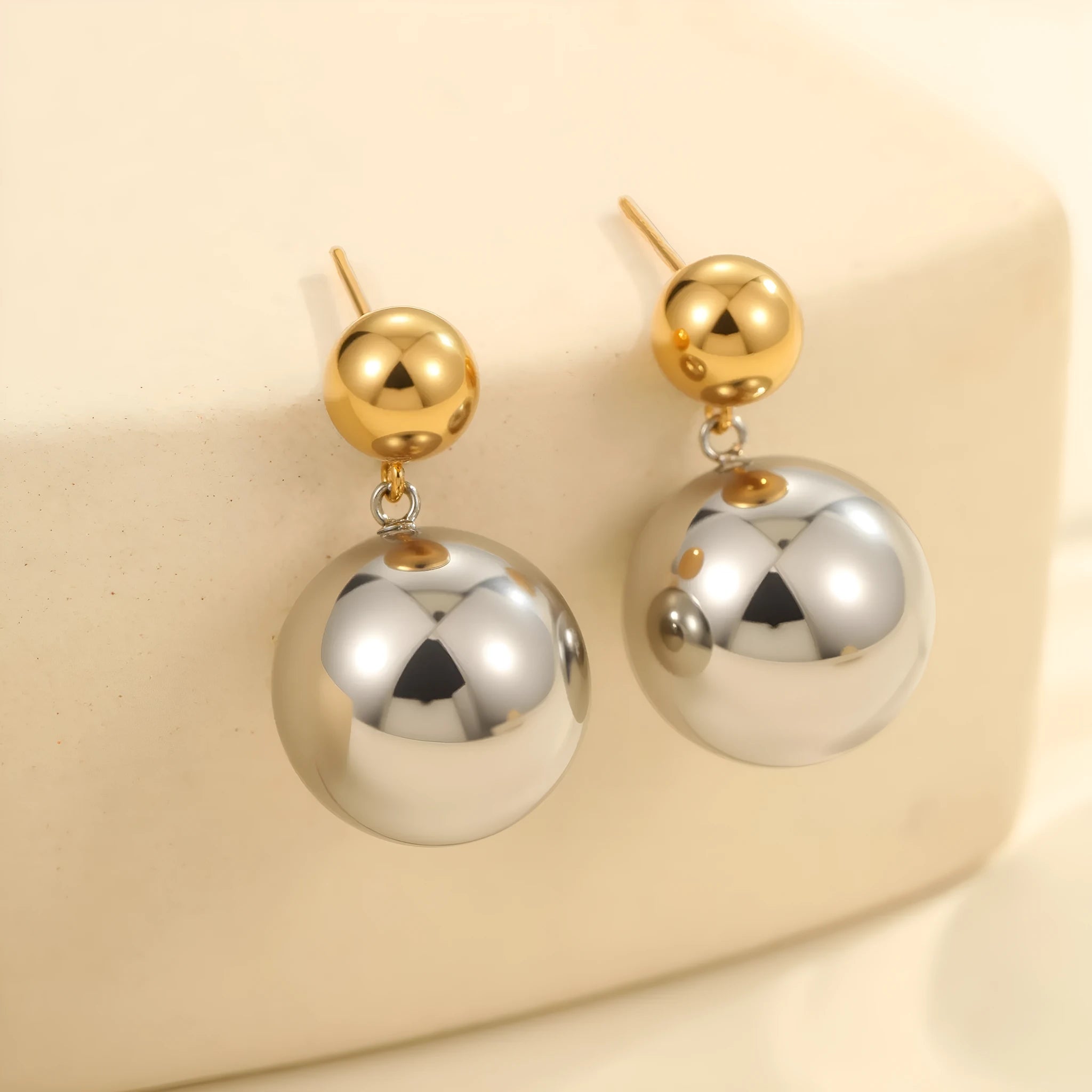 Stainless steel colour-block ear studs with round bead design and 18K electroplated finish