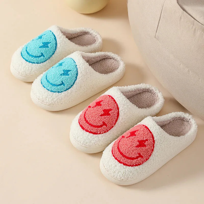 Women's plush cartoon love style home slippers with a round toe and non-slip PVC sole.