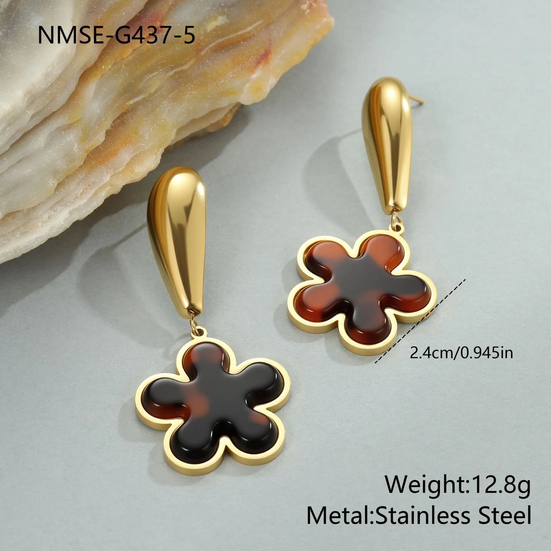 Women's tortoiseshell resin hawksbill colour earrings with 18K gold electroplated stainless steel in flower and heart-shaped designs