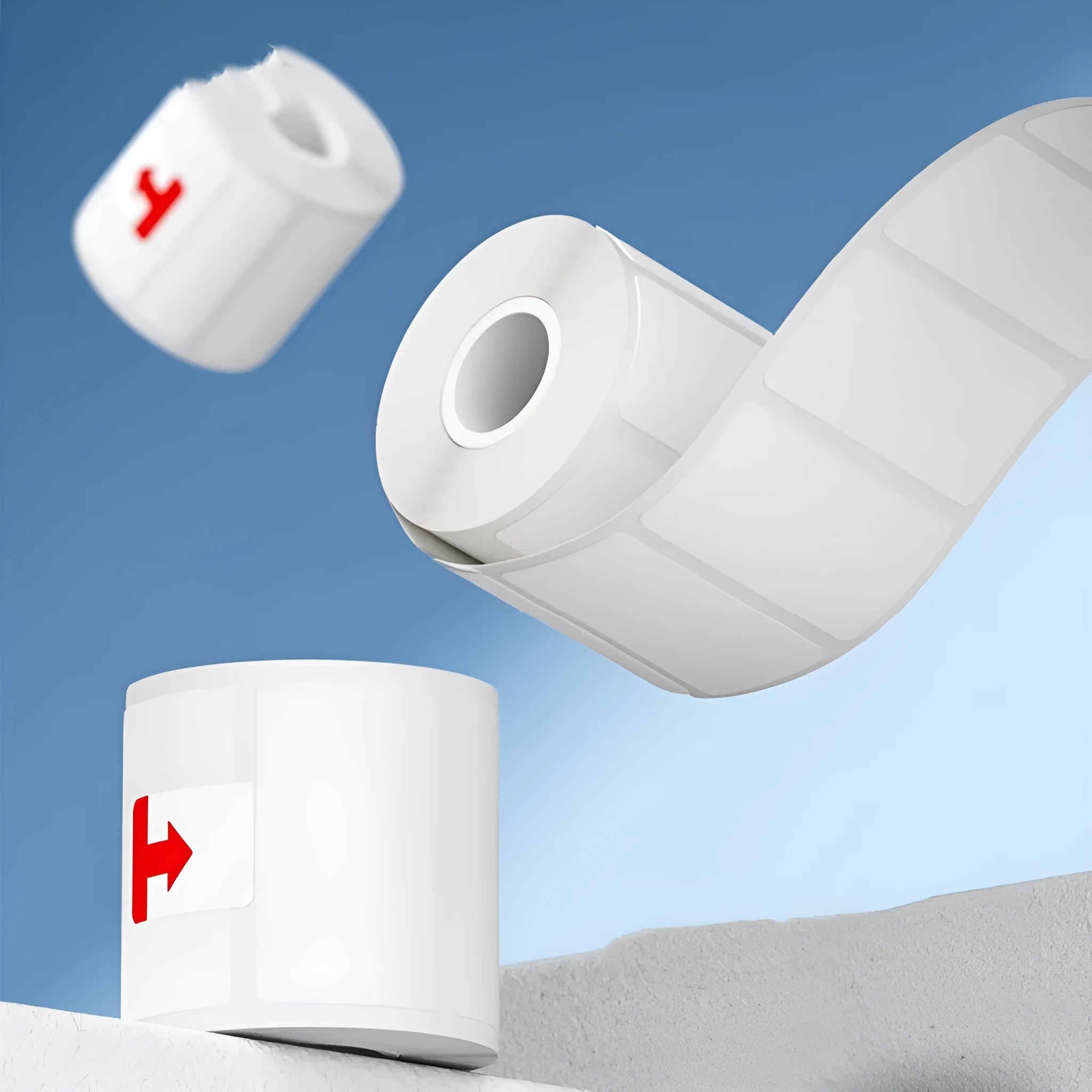 Roll of white 40x40mm four-proof thermal synthetic paper adhesive labels for retail pricing.