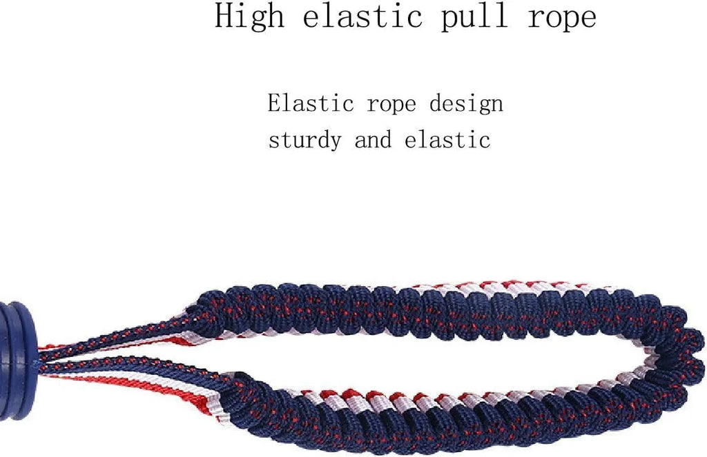 Blue dog toy with a textured rubber ball attached to a rope, shown on a white background.
