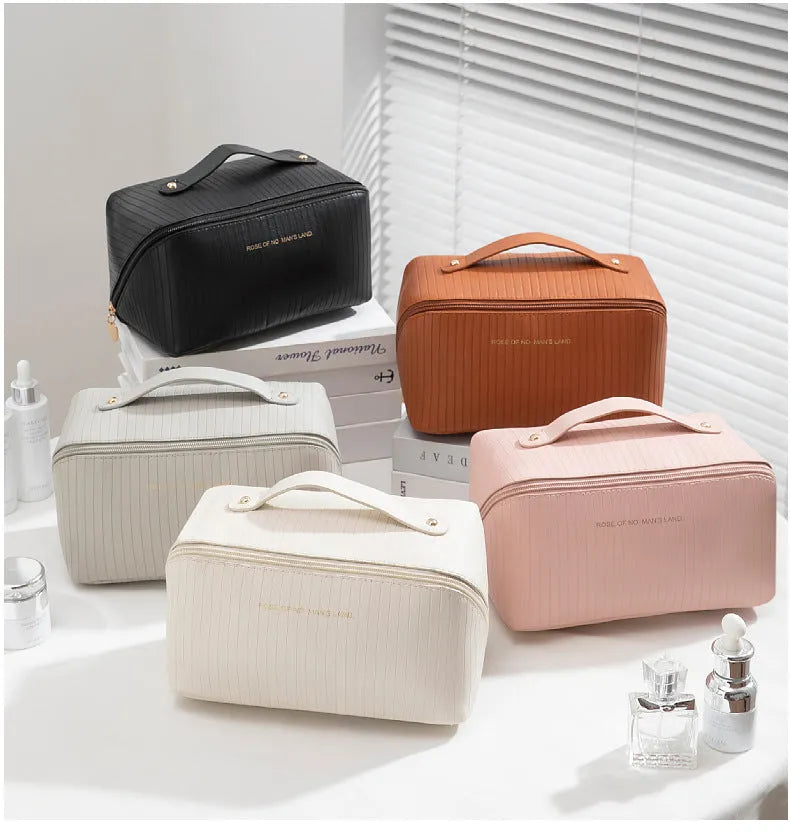 Vertical pattern pillow makeup bag in cubic shape with dimensions 22.5cm x 12.5cm x 12.5cm