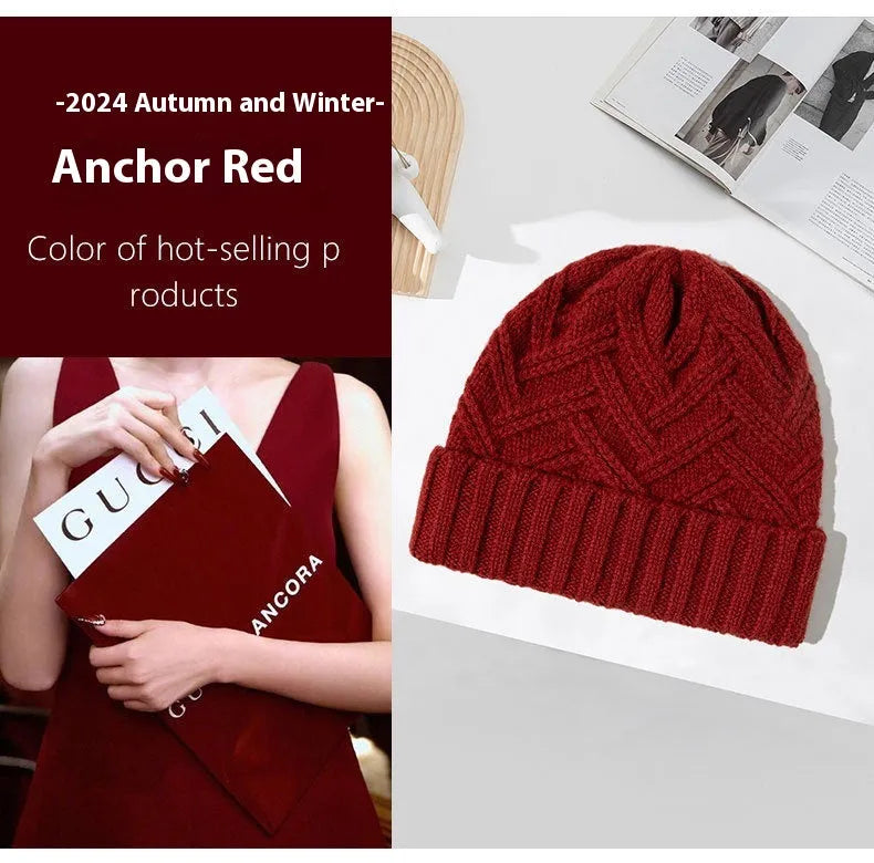 Women's knitted wool dome hat in one of six colours: ivory white, khaki, red, brown, gray, or black.