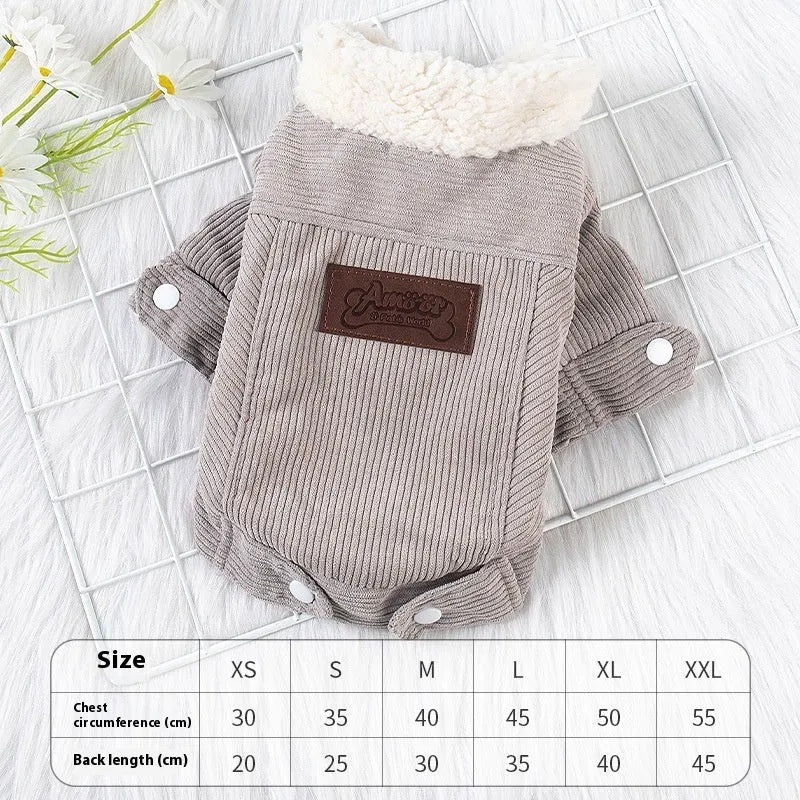 Grey lambswool fleece-lined dog vest for winter warmth, shown with size label.