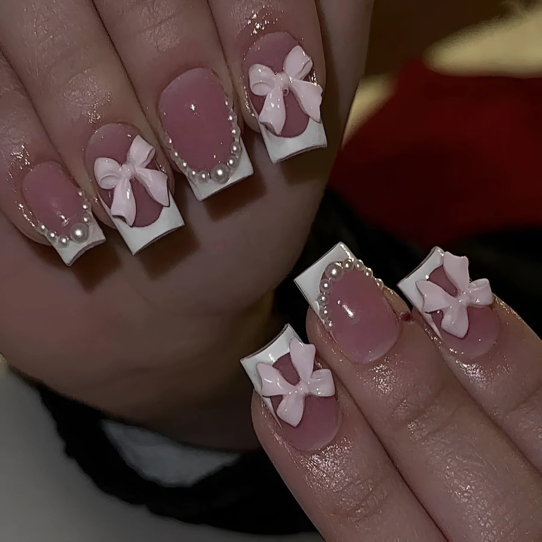 Short French manicure nail art set with bow patterns and S274 glue bottles
