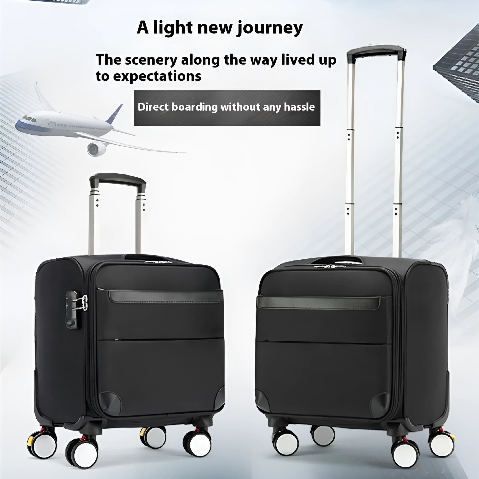 Black 18-inch Oxford cloth business suitcase with telescopic handle and universal wheels.