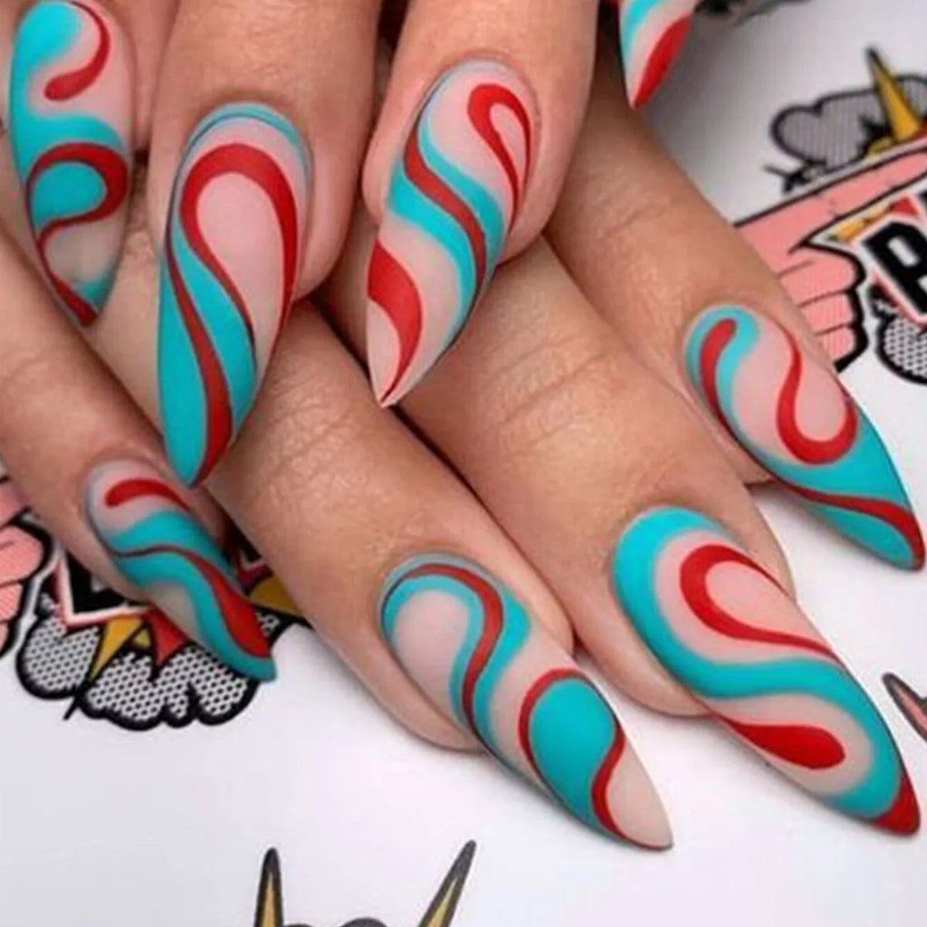 Almond-shaped rainbow plaid nail sticker set in four colours: French ripple, green flash, leaf gradient, amber