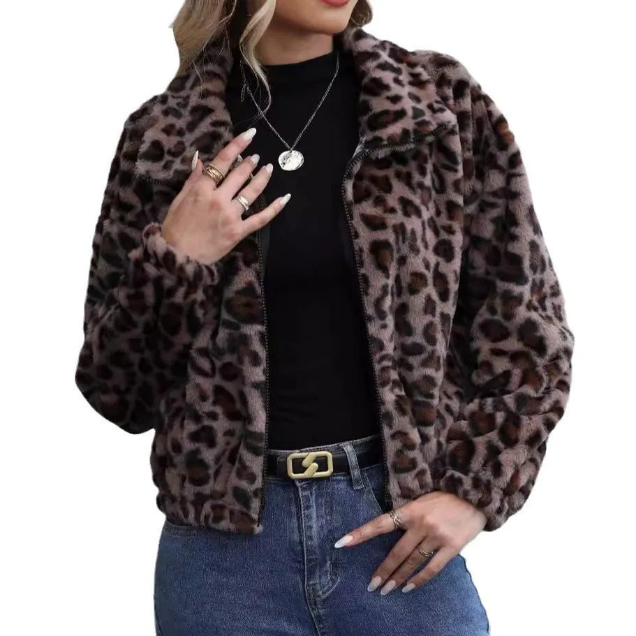 Women's loose leopard print plush coat with raglan sleeves and front zipper