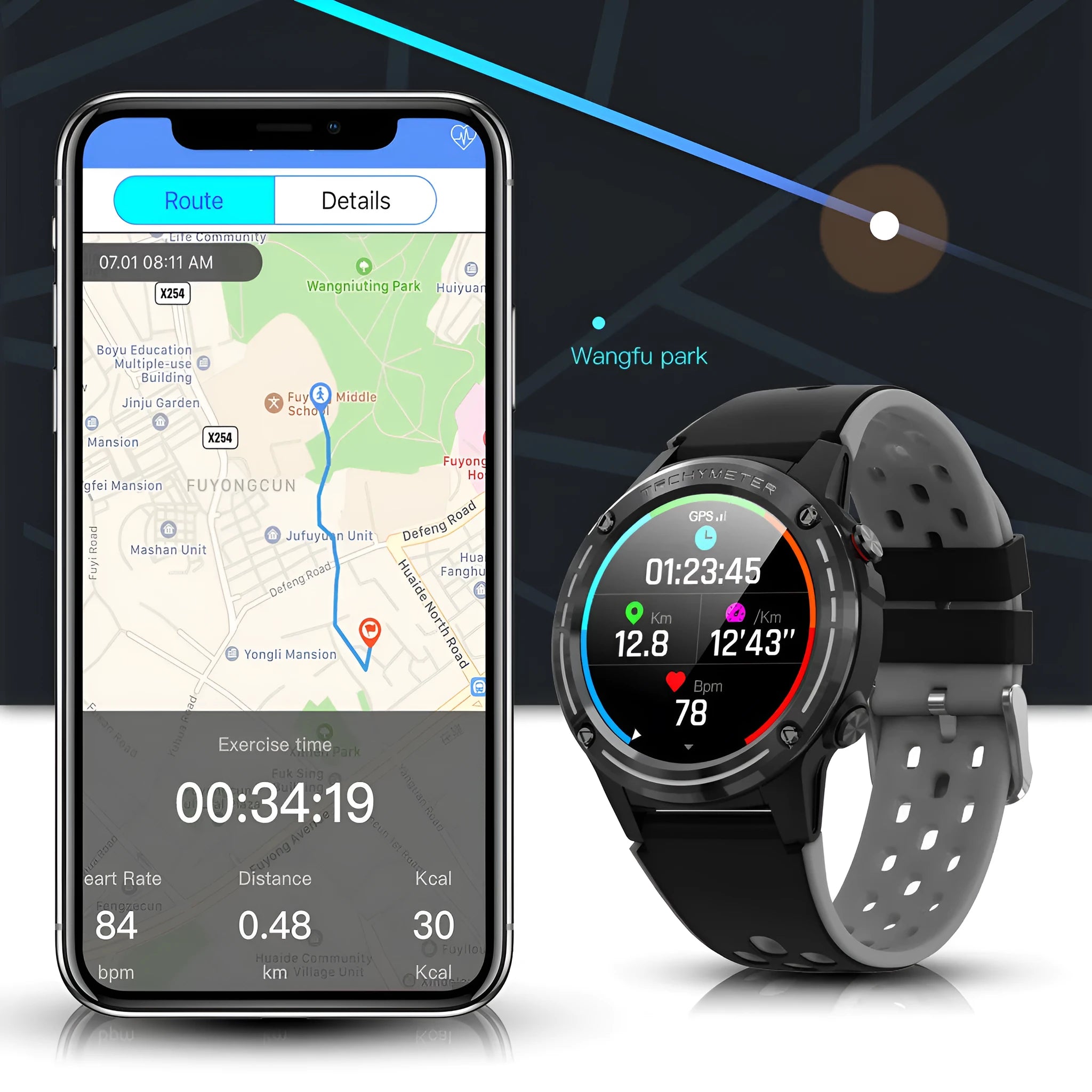 Square GPS smart watch with silicone strap in multiple colour options showing 49mm dimensions