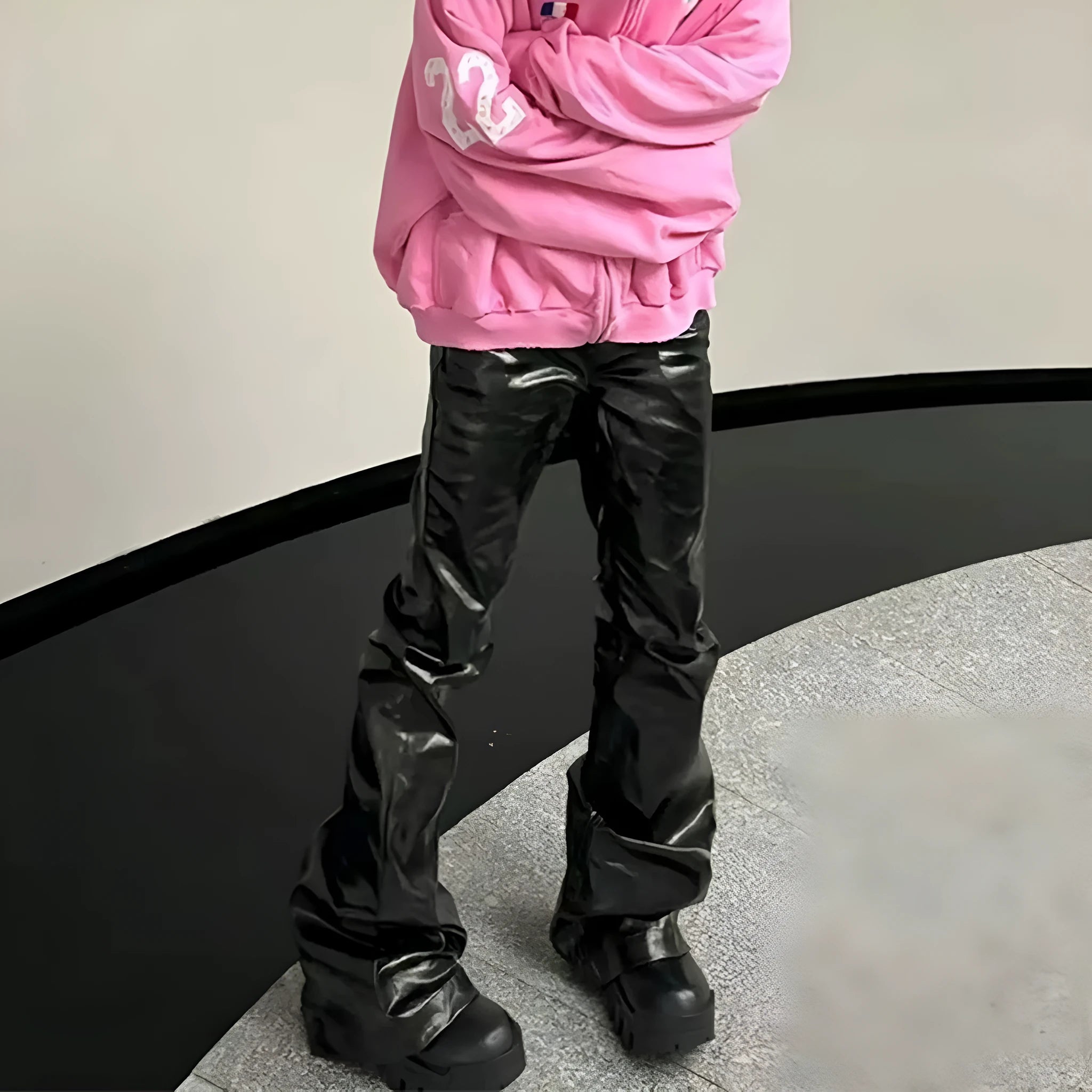 Black coated shiny patent leather skinny jeans with straight-leg mid-waist design
