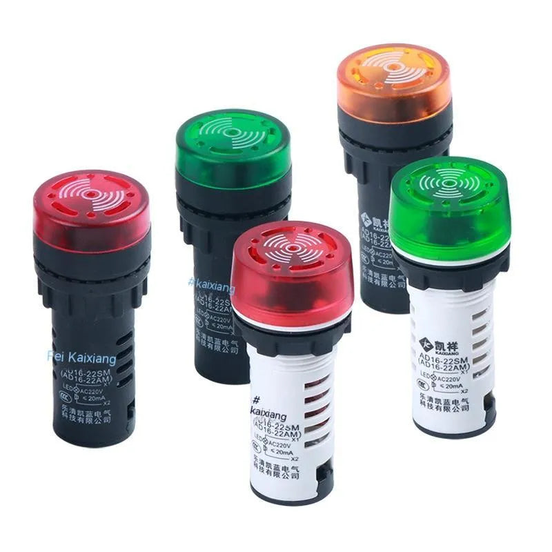Red, green, and yellow LED flashing sound and light buzzers for 22mm panel mounting.