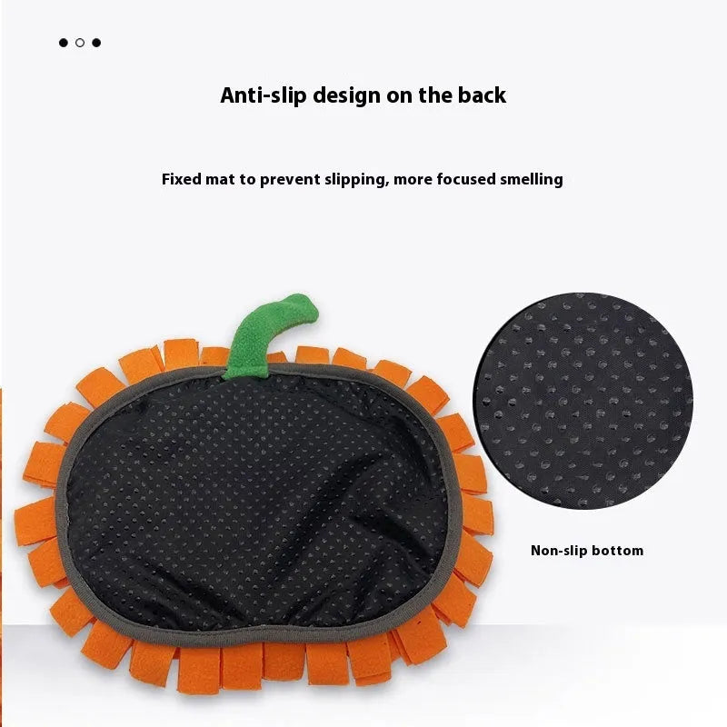 Orange pumpkin-shaped dog smell mat with fabric strips for slow feeding