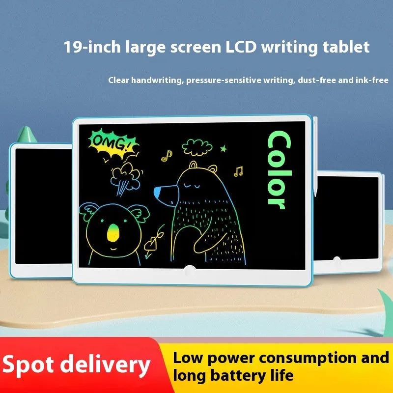 19-inch LCD drawing board for children in blue and white colour with attached stylus on screen.