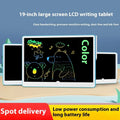19-inch LCD drawing board for children in blue and white colour with attached stylus on screen.