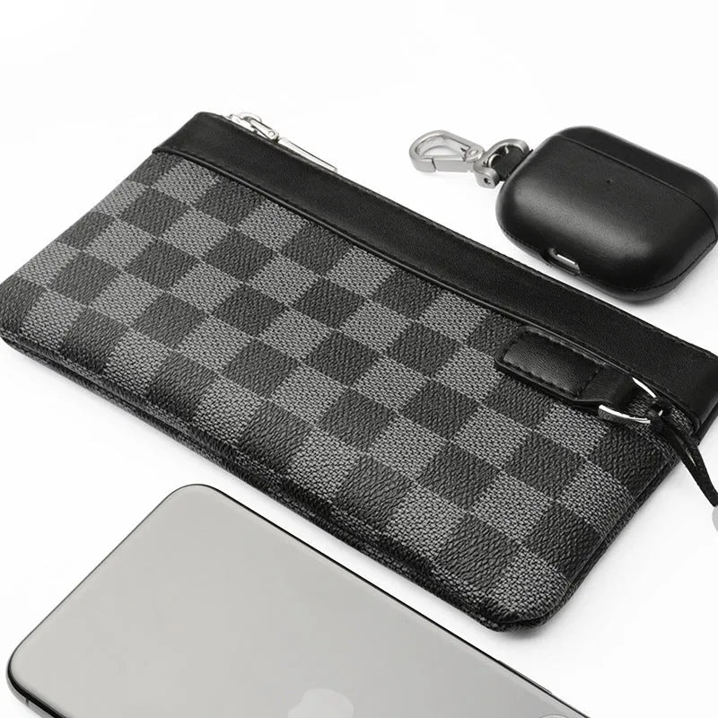 Men's black leather clutch wallet with 20x10cm dimensions and cowhide construction