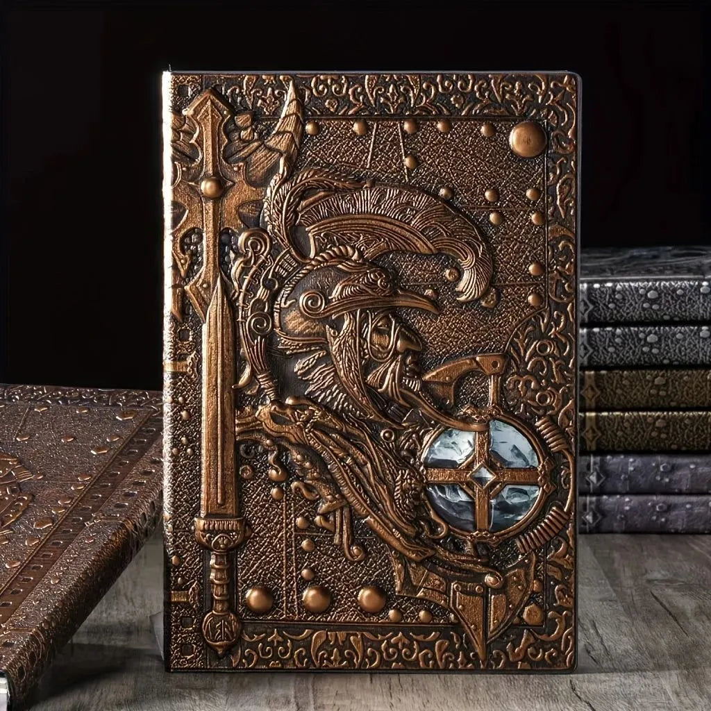 Handmade leather A5 notebook with embossed 3D warriors relief design in bronze colour.