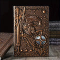 Handmade leather A5 notebook with embossed 3D warriors relief design in bronze colour.