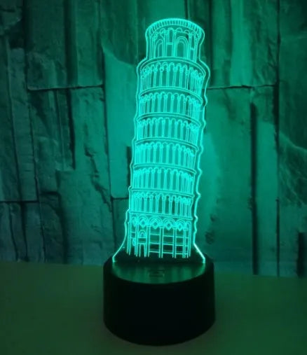 Leaning Tower of Pisa 3D acrylic night light illuminating in multiple colours on a desk