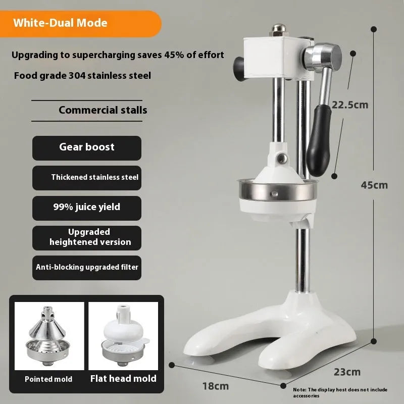 Vertical stainless steel manual juicer with choice of coloured finishes and head attachments on a kitchen worktop.