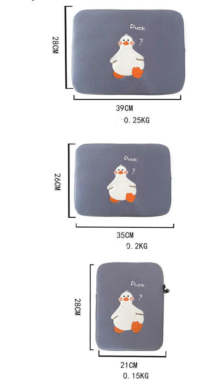 Blue cotton tablet case with duck embroidery design and zipper closure for iPad protection