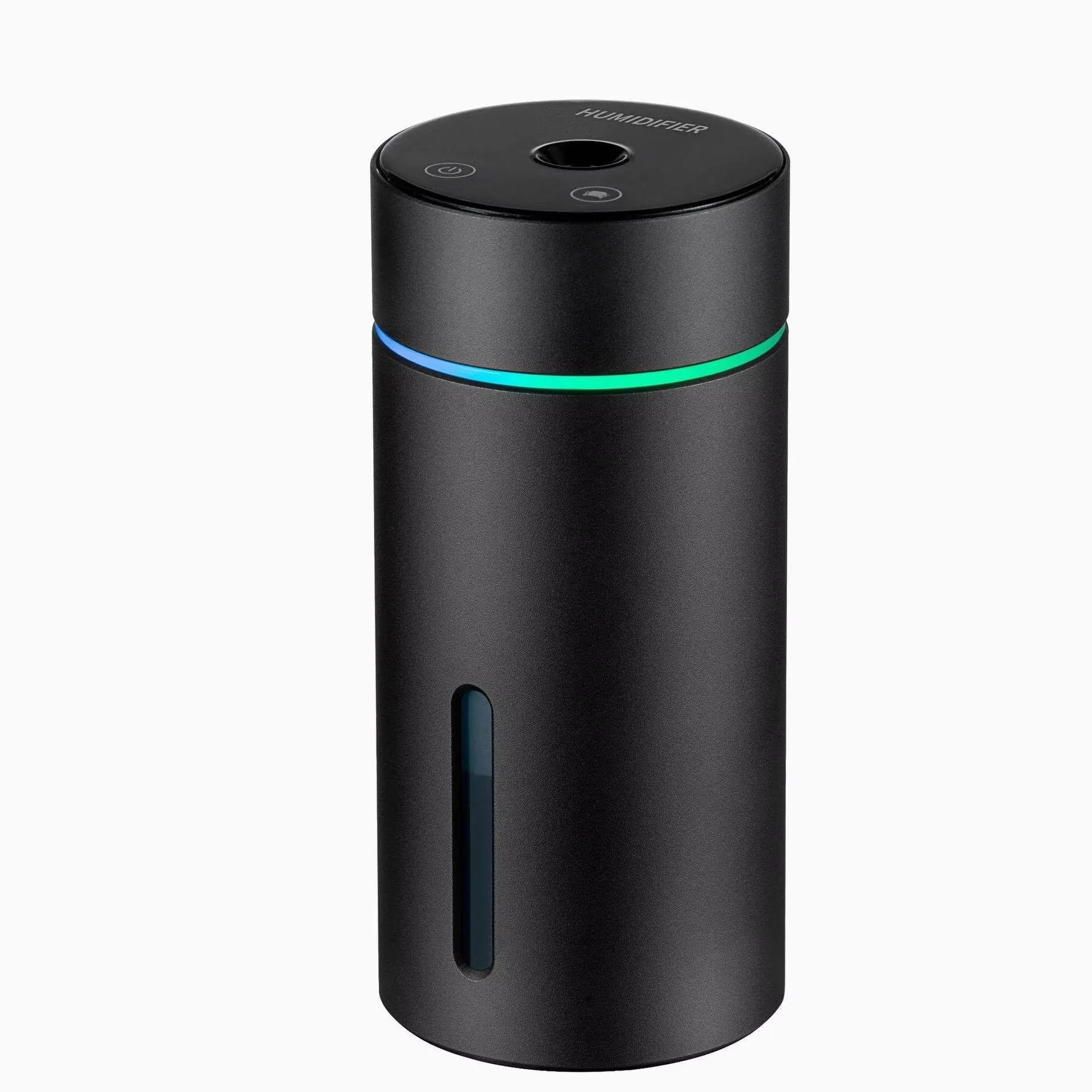 Black A6 aluminium alloy portable car humidifier and essential oil diffuser with USB cable on a desk.