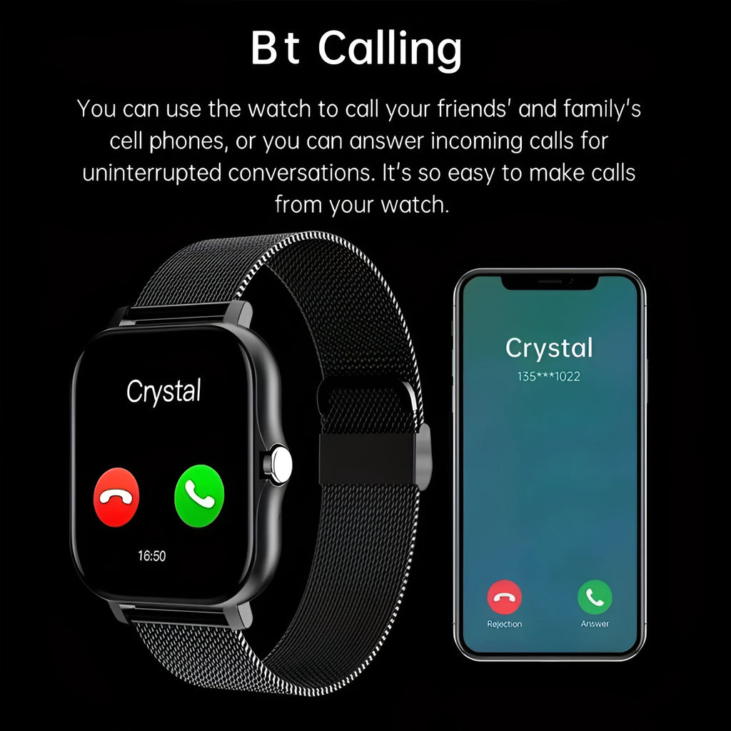 Smart watch with 1.44-inch touch screen showing heart rate and step count display on silicone strap