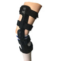 Black anterior ligament knee pad supporter showing multi-material construction and buckle fastenings.