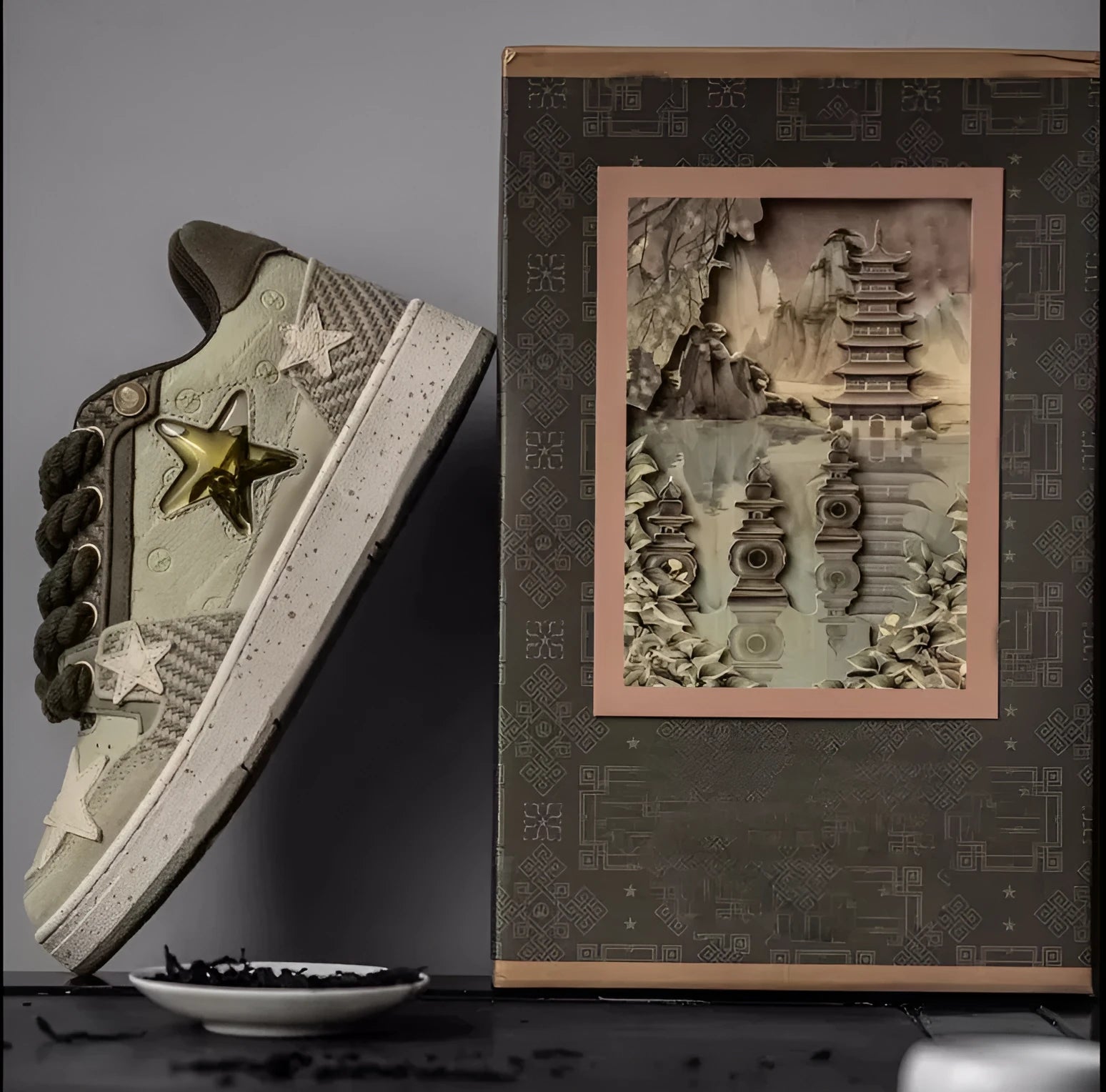 Green low-top China-Chic Star casual shoes with stitched pattern and rubber sole.