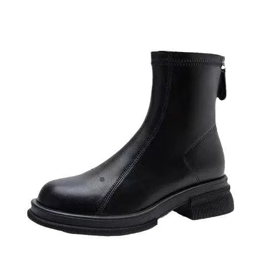 Women's black ankle boots with back zipper, flat thick heel, and round toe design
