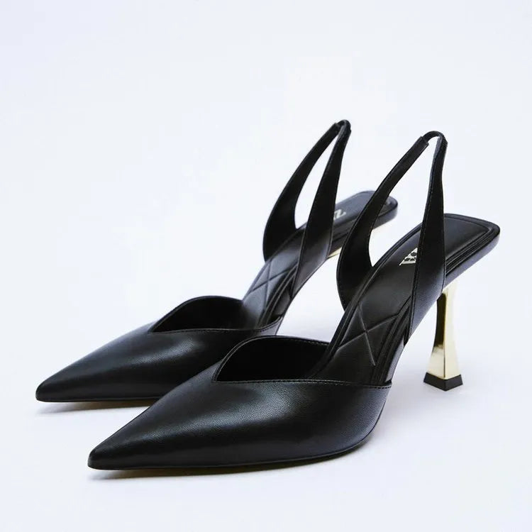 Korean style nude pointed high heels for women in patent leather, shown in black and apricot colours.