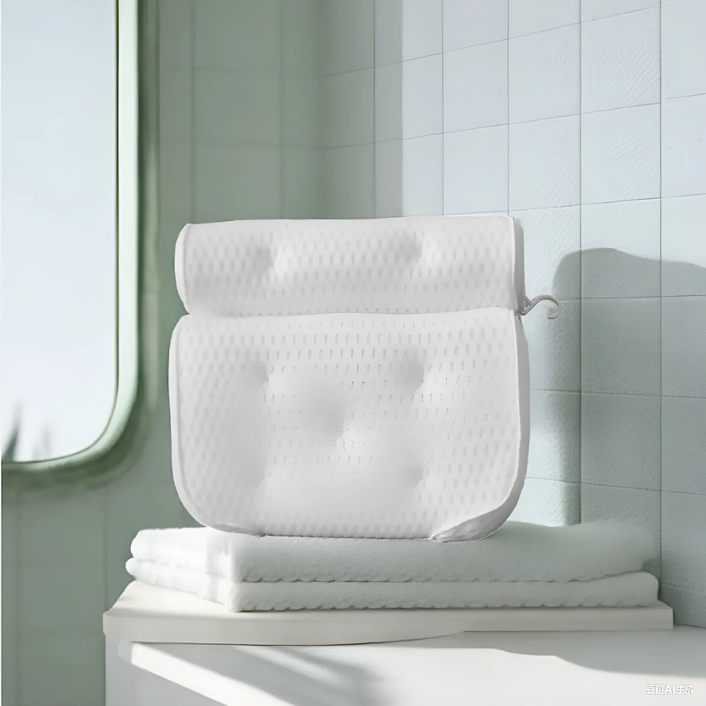 White bathtub pillow with 4D mesh construction and 7 suction cups measuring 37x34cm