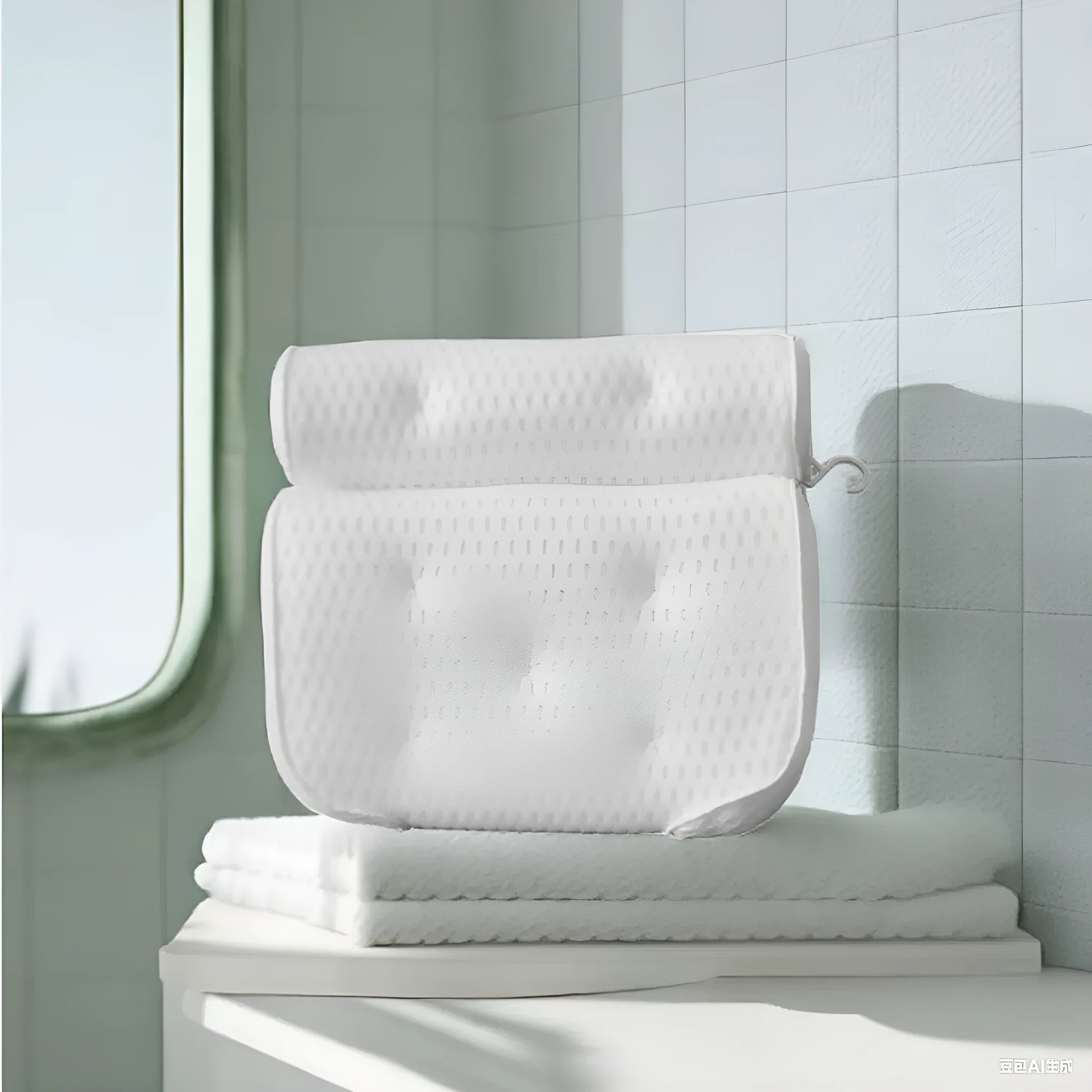 White bathtub pillow with 4D mesh construction and 7 suction cups measuring 37x34cm