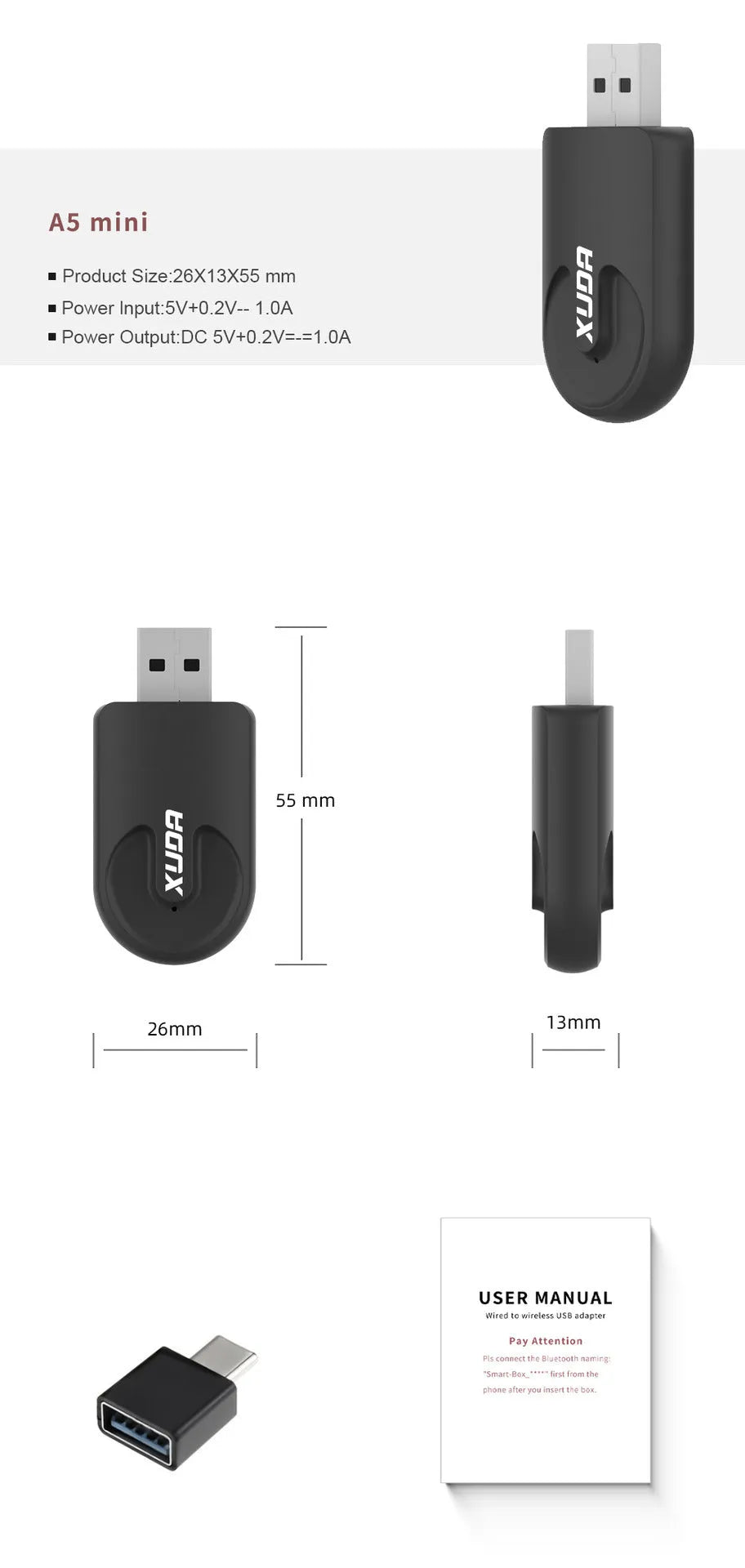 Black mini 2-in-1 CarPlay USB interface wireless adaptor with ABS PC construction