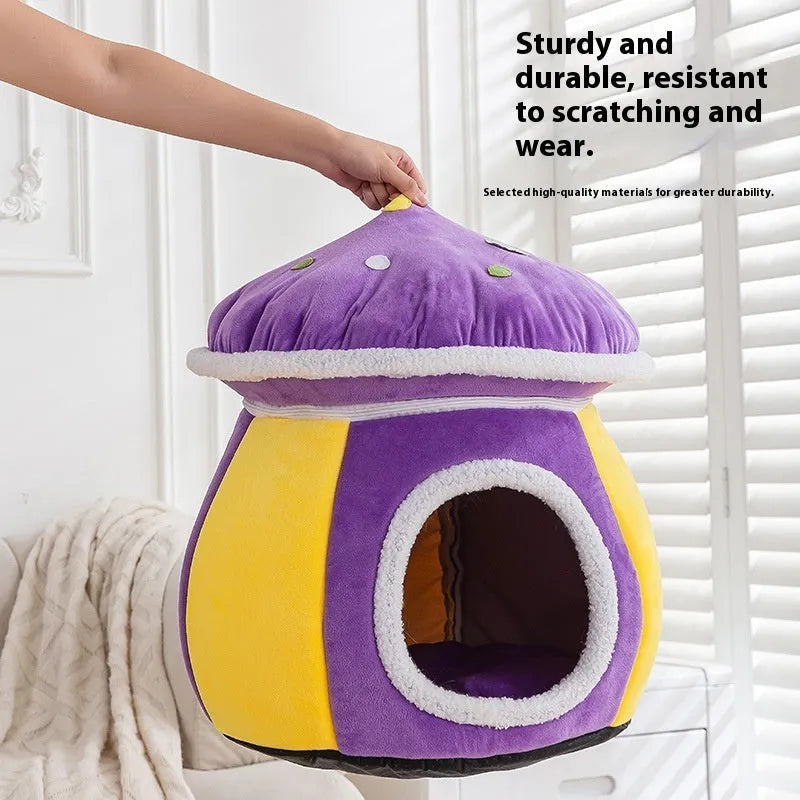 Mushroom-shaped grey plush cat bed with enclosed nest design.