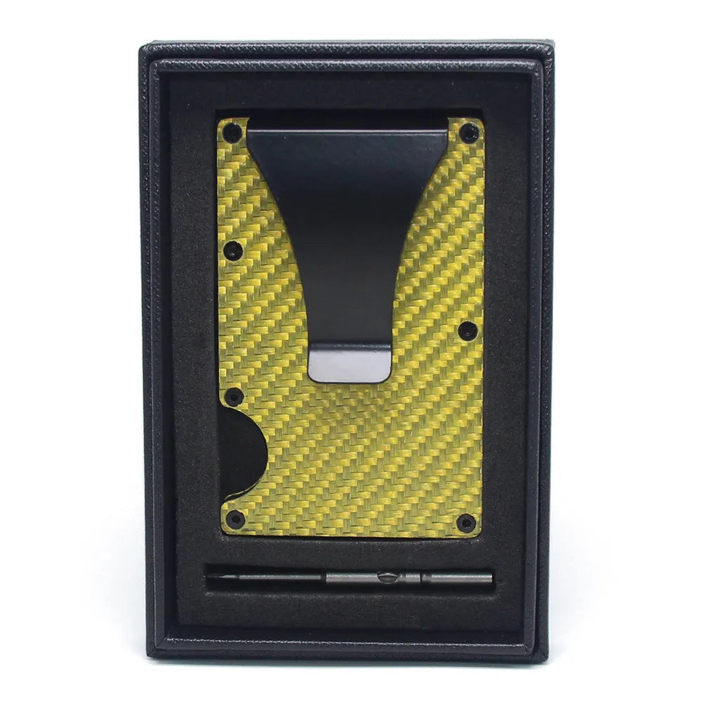 Geometric carbon fibre and aluminium card holder for bank cards and notes, 8mm thick.
