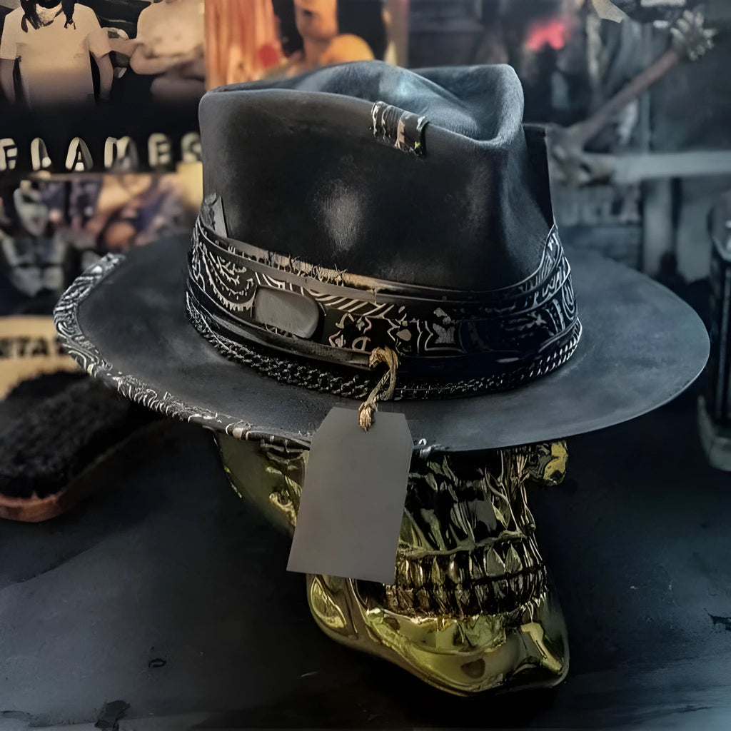 Handmade Halloween skull hat in wool felt and denim with conical crown shape