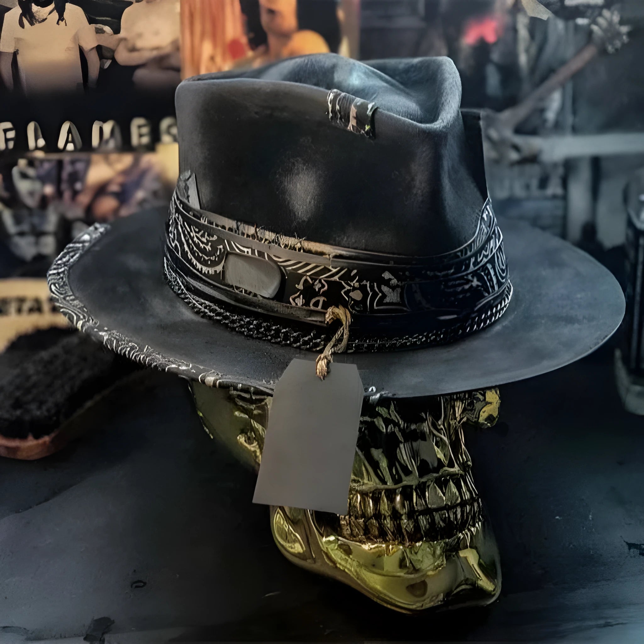 Handmade Halloween skull hat in wool felt and denim with conical crown shape
