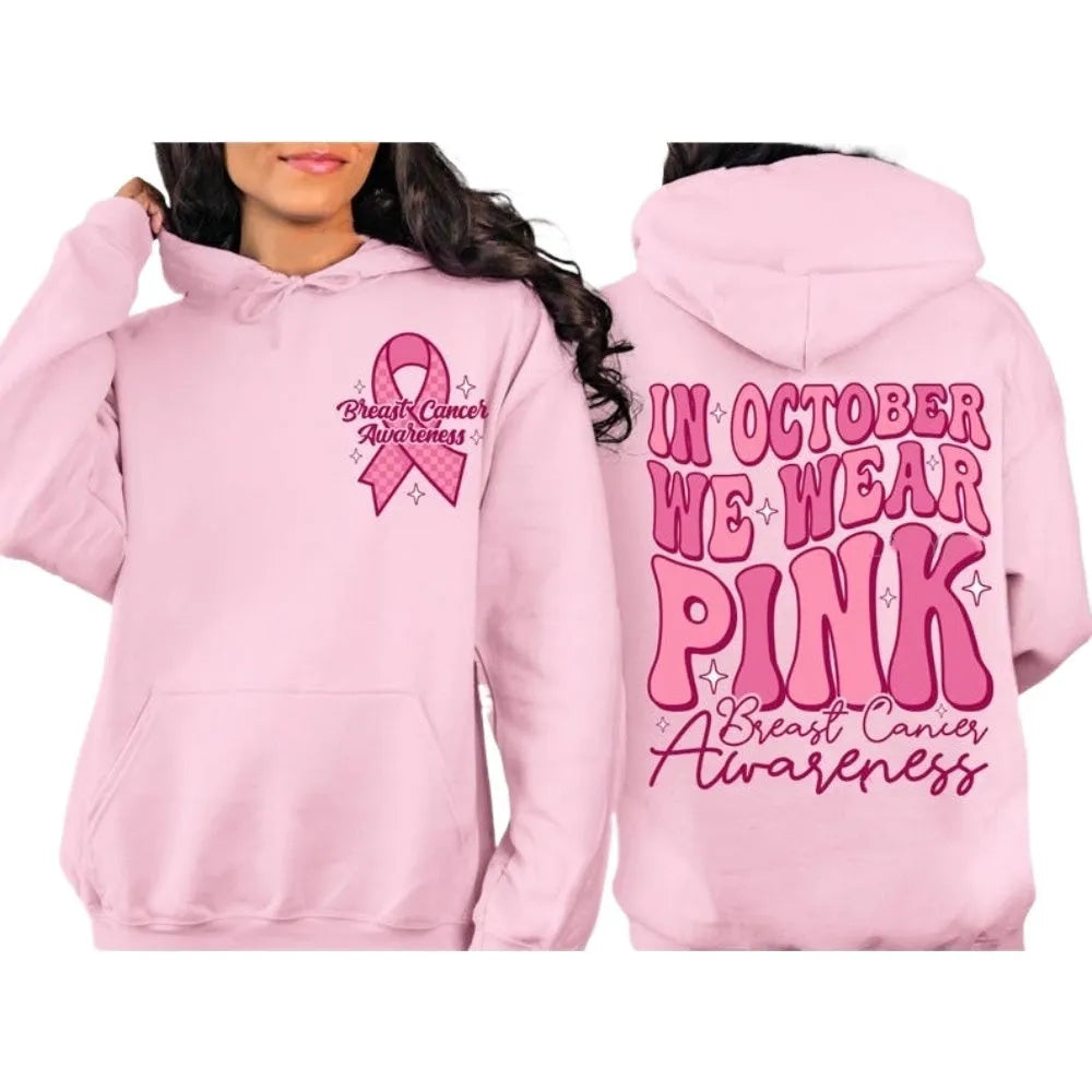 Breast Cancer Awareness hoodie with hot stamped retro pattern and side seam pocket in pink colour