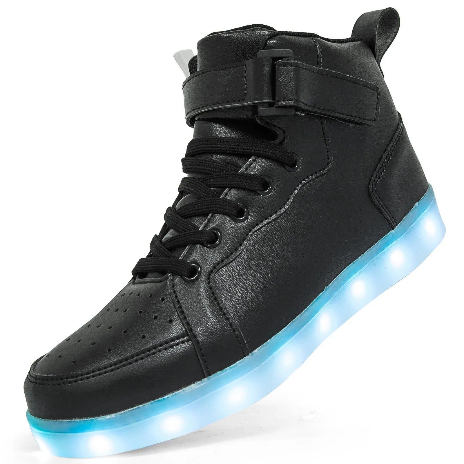 LED high-top board shoes in black, gold and white colours with Velcro fastening and rubber soles