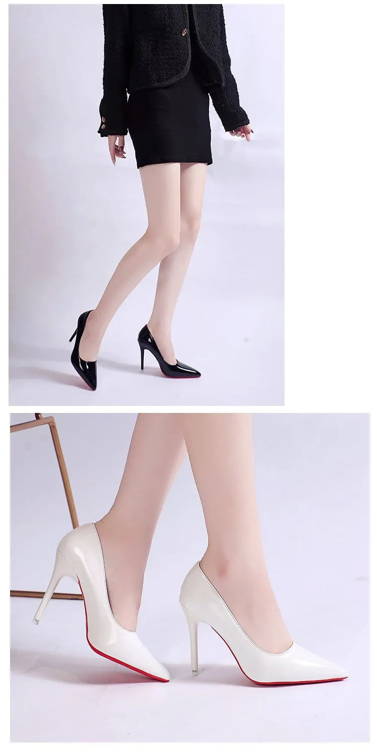 Women's solid colour pointed toe pumps with a stiletto heel and shallow cut, shown in multiple colour options.