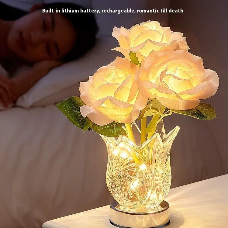Crystal floral decorative touch dimmable rechargeable LED table lamp with modern styling