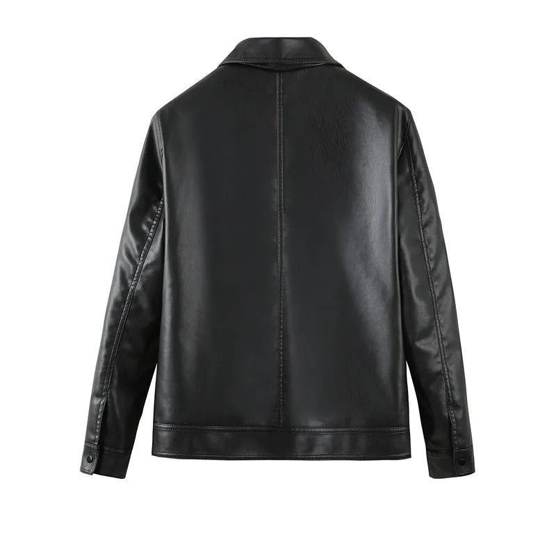 Black men's loose fit PU leather jacket with zipper pockets on a model.