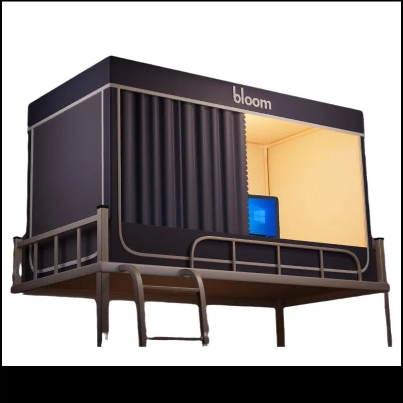 Gentleman grey bed curtain with integrated mosquito net for upper bunk bed with strong light blocking